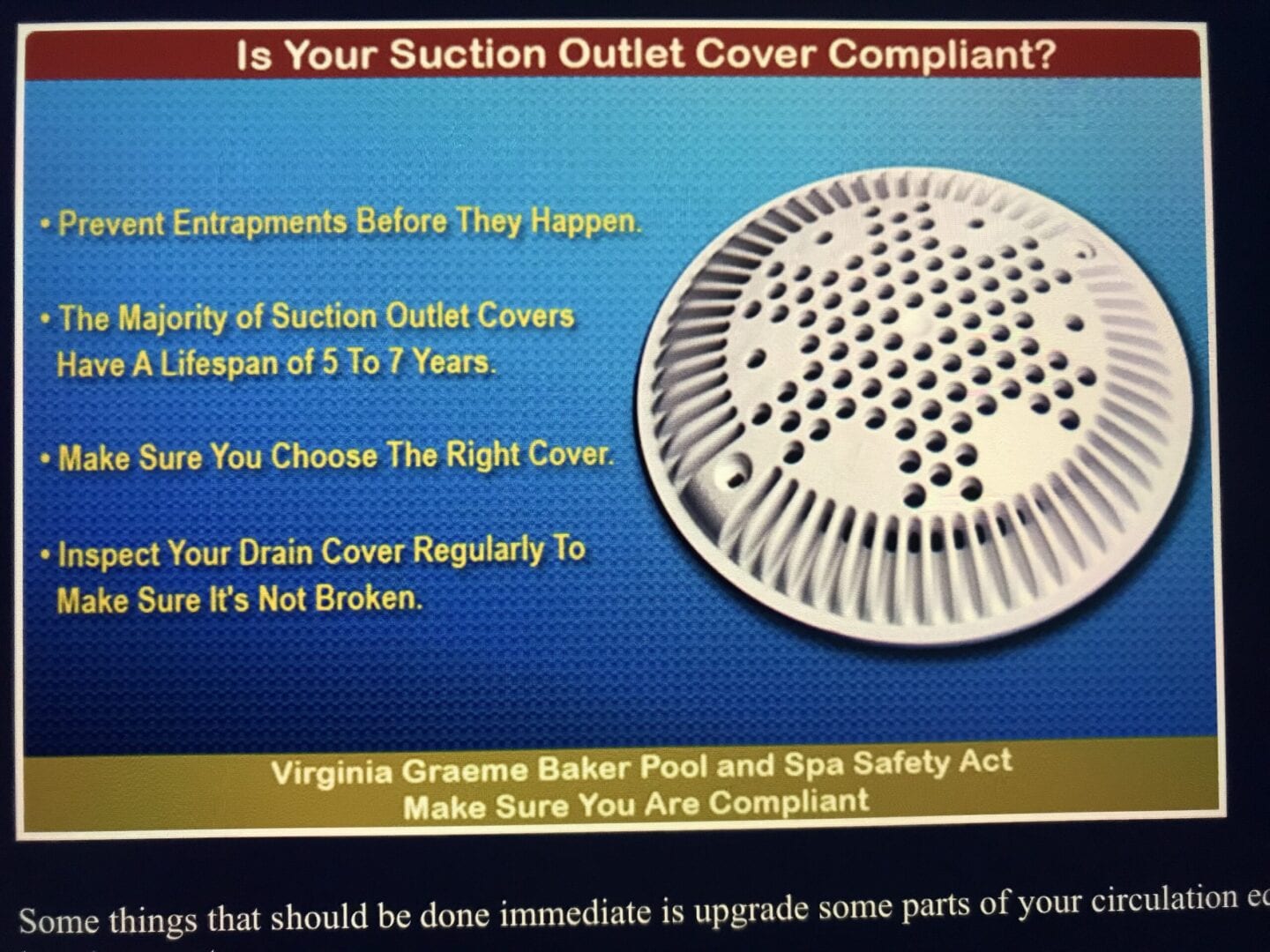 A sign that says is your suction outlet cover compliant