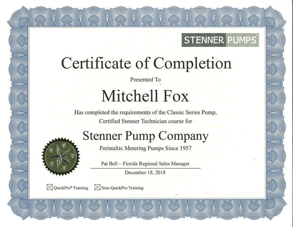 A certificate of completion for the stenner pump company.