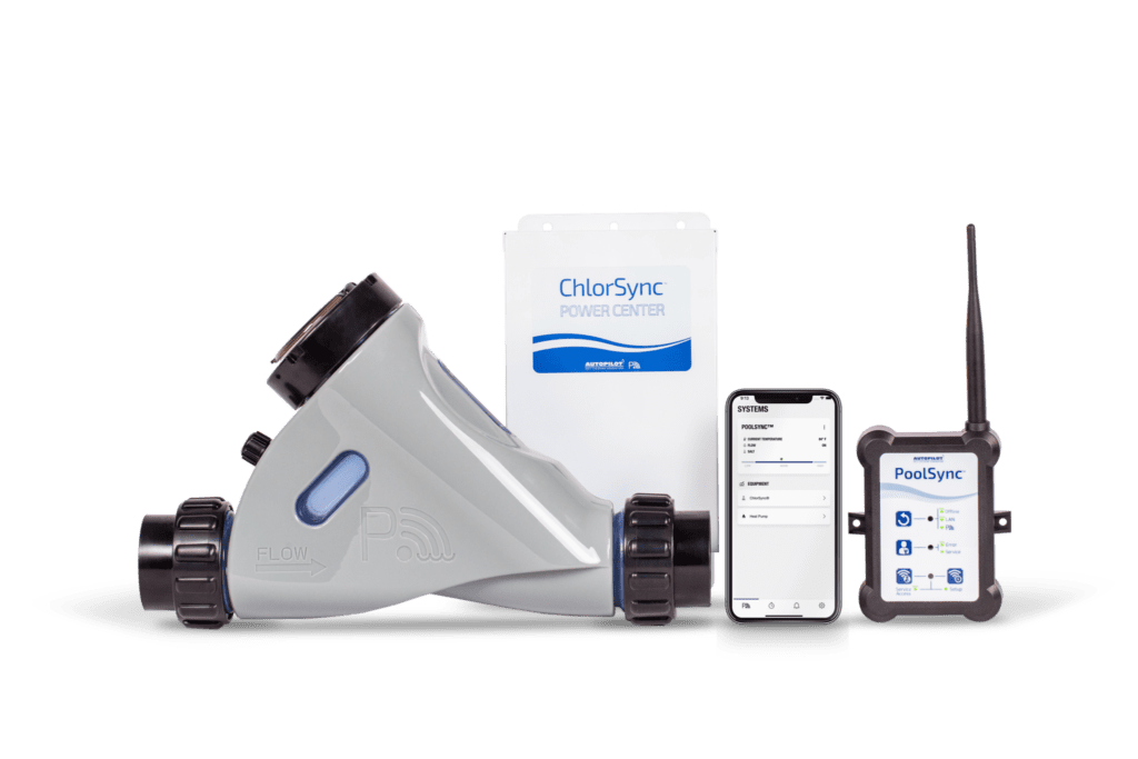 ChlorSync salt chlorine generator, a smart phone, and a PoolSync controller