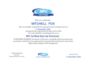 A certificate of completion for an npc certified start-up technician.